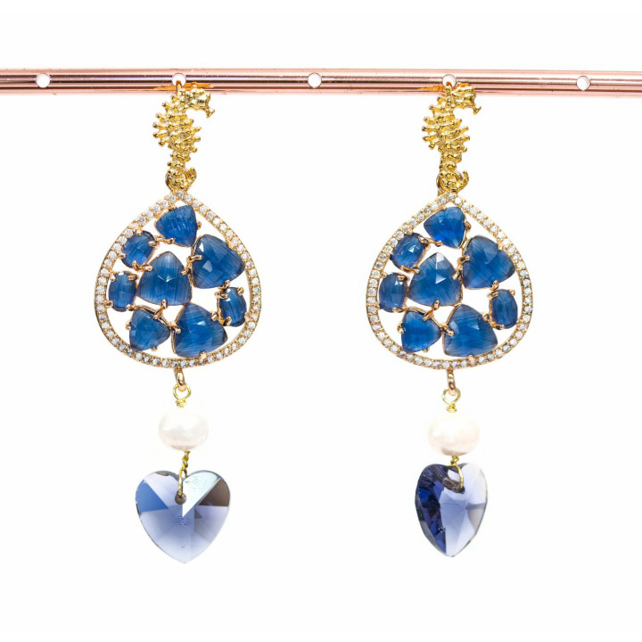 Boucles D'oreilles Tiges En Argent 925 Oeil De Chat Zircon Et Perles Bleues 25x70mm