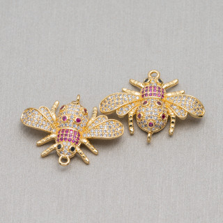 Conector Componente Bronce Con Circonitas Set Abejas Con Dos Anillos Mod.1 28x22mm 4pcs Rojo Dorado