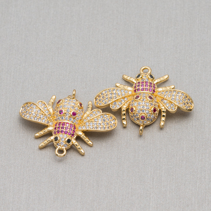 Conector Componente Bronce Con Circonitas Set Abejas Con Dos Anillos Mod.1 28x22mm 4pcs Rojo Dorado