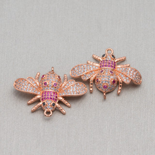 Bronze Component Connector With Zircons Set Bees With Two Rings Mod.1 28x22mm 4pcs Red Rose Gold