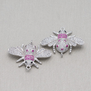 Bronze Component Connector With Zircons Set Bees With Two Rings Mod.1 28x22mm 4τμχ Κόκκινο Ρόδιο