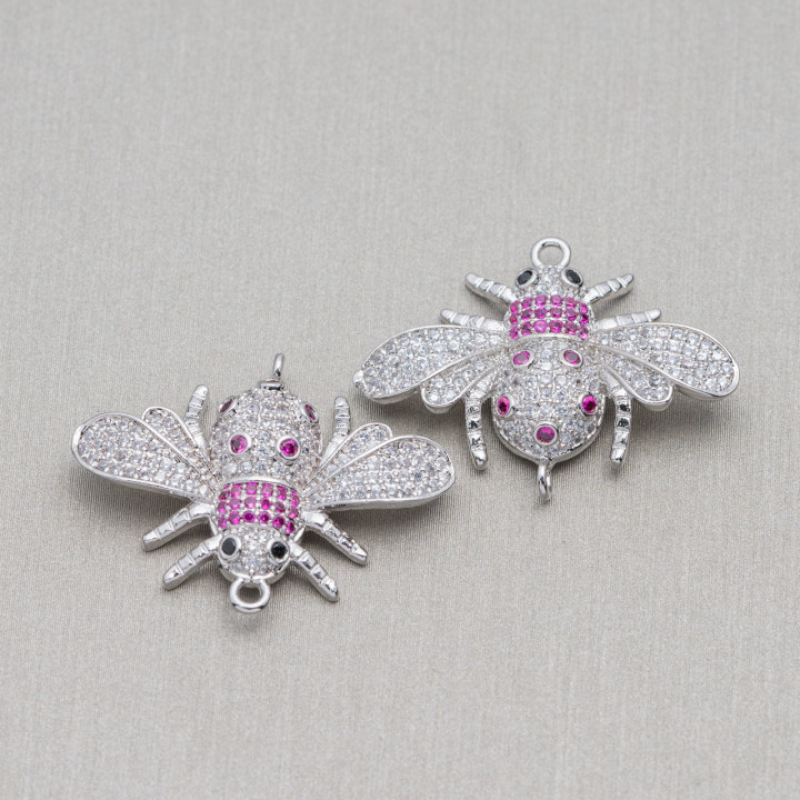 Bronze Component Connector With Zircons Set Bees With Two Rings Mod.1 28x22mm 4τμχ Κόκκινο Ρόδιο