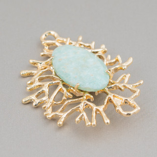 Coral Branches Style Bronze Component Connector with Cabochon Set 40x53mm 2τμχ Amazonite