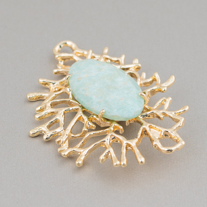 Coral Branches Style Bronze Component Connector with Cabochon Set 40x53mm 2τμχ Amazonite