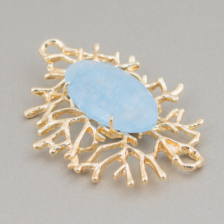 Conjunto de conector de componente de bronce estilo ramas de coral con cabujón 40x53 mm 1 pieza azul claro