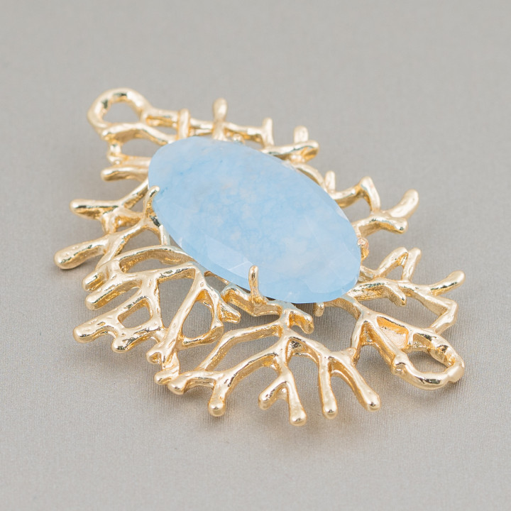 Coral Branches Style Bronze Component Connector With Set Cabochon 40x53mm 1pc Light Blue