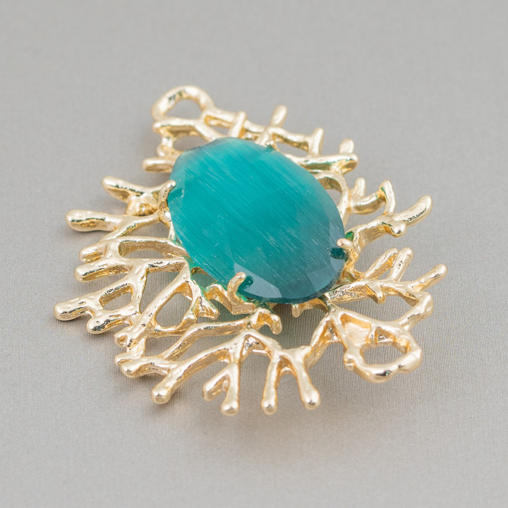 Coral Branches Style Bronze Component Connector with Cabochon Set 40x53mm 1pc Green