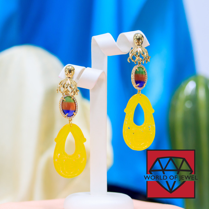 Boucles D'oreilles Tiges Pieuvre En Bronze Oeil De Chat Et Jade De Birmanie Jaune