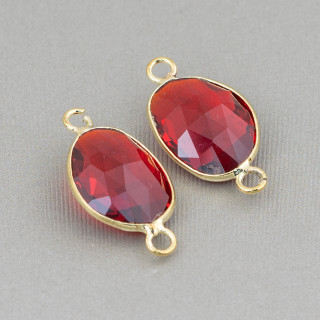 Brass Component Connector with Irregular Crystals Set with 2 Rings 13x18mm 10pcs Golden Red
