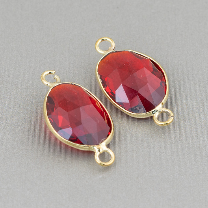 Verbindungsstück aus Messing mit eingebetteten Kristallen, unregelmäßig, 2 Ringe, 13 x 18 mm, 10 Stück, rot, golden