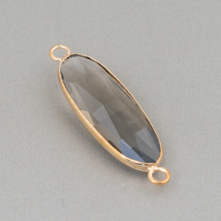 Messing-Komponentenverbinder mit eingebetteten Kristallen, oval, 11 x 38 mm, 10 Stück, golden geräuchert