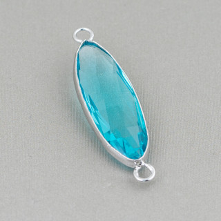 Messing-Komponentenverbinder mit eingebetteten Kristallen, oval, 11 x 38 mm, 10 Stück, rhodiniert, Wasser