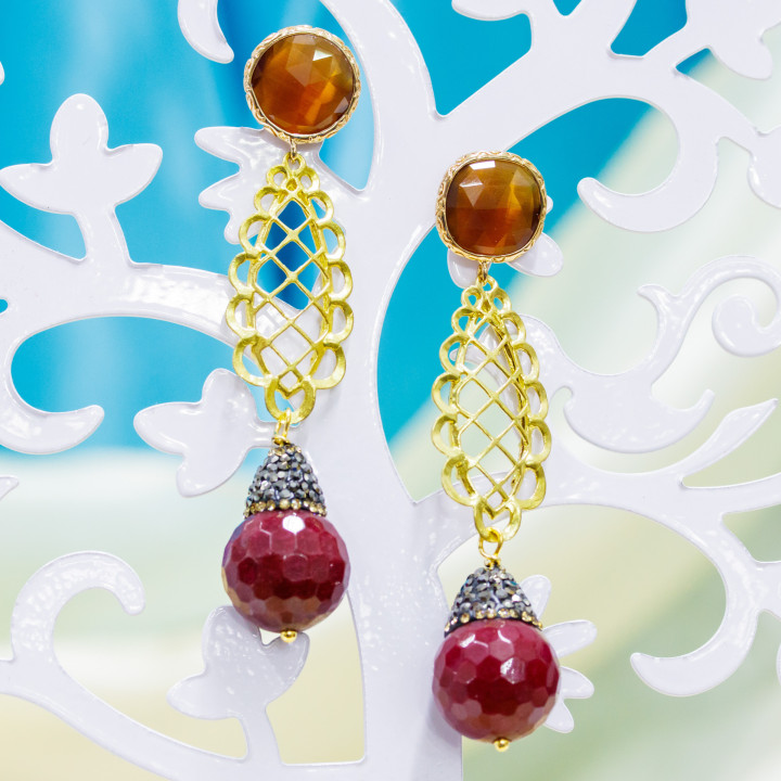 Bronze Cat Eye Cabochon-Ohrstecker, besetzt mit brauner Jade und Markasit-Strasssteinen