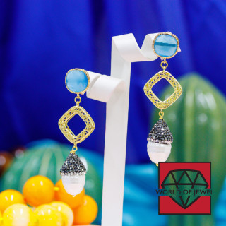 Boucles D'oreilles Tige En Bronze Avec Cabochon Oeil De Chat Serti De Strass De Marcassite Et De Perles De Majorque MOD2