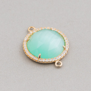 Brass Component Connector with Cat's Eye Set and Round Zircons 19mm Thickness 7mm 6pcs Golden Water Green