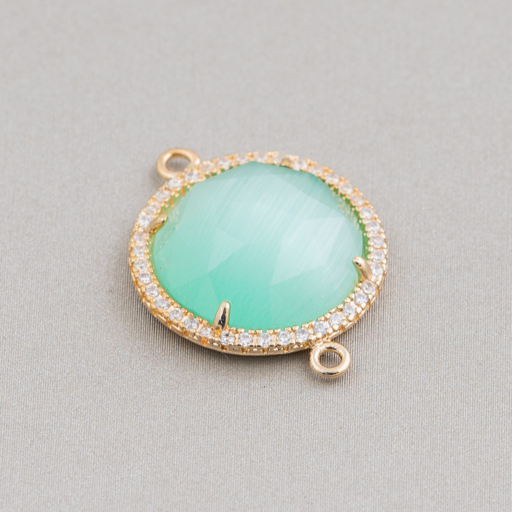 Brass Component Connector with Cat's Eye Set and Round Zircons 19mm Thickness 7mm 6pcs Golden Water Green