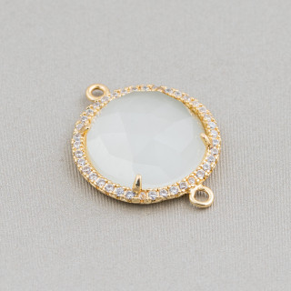 Connecteur de composant en laiton avec œil de chat intégré et zircons ronds 19 mm d'épaisseur 7 mm 6 pièces blanc doré