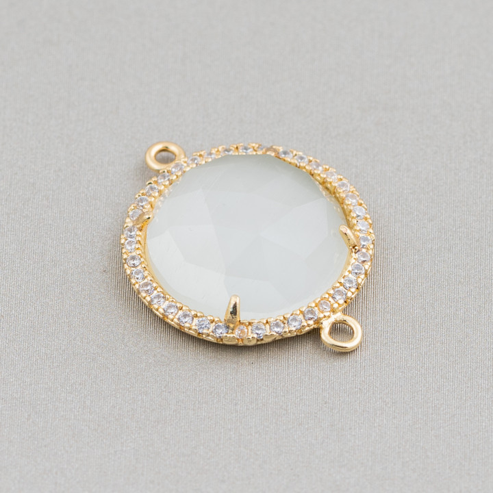 Brass Component Connector with Cat's Eye Set and Round Zircons 19mm Thickness 7mm 6pcs White Golden