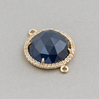 Connecteur Composant Laiton avec Oeil de Chat Intégré et Zircons Ronds 19mm Epaisseur 7mm 6pcs Doré Bleu Foncé