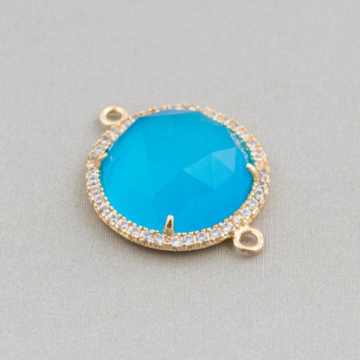 Brass Component Connector with Cat's Eye Set and Round Zircons 19mm Thickness 7mm 6pcs Golden Light Blue