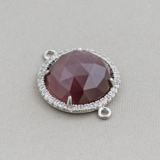 Brass Component Connector with Cat's Eye Set and Round Zircons 19mm Thickness 7mm 6pcs Rhodium Plated Purple
