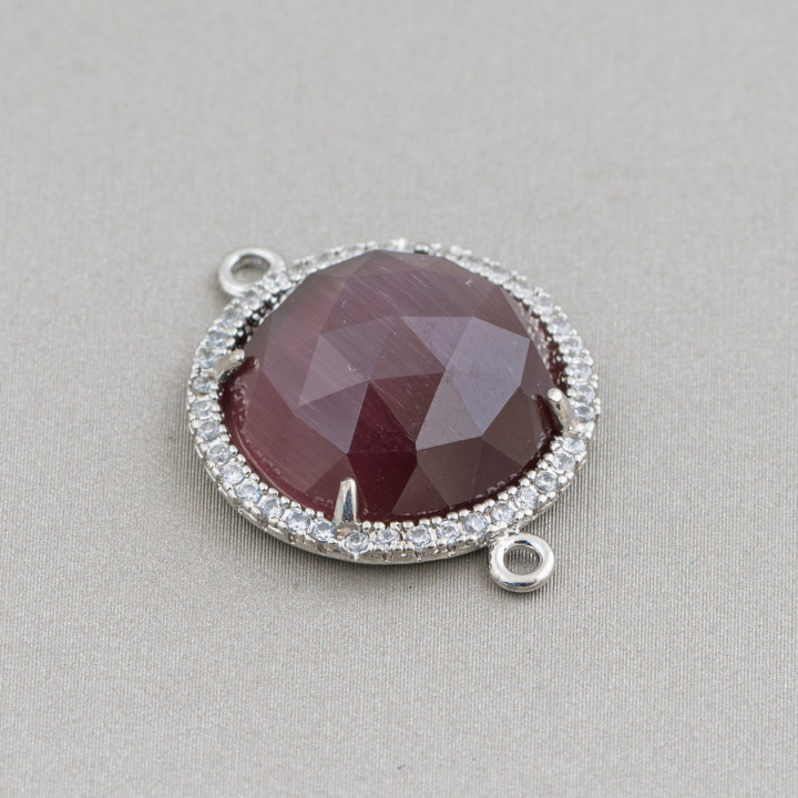 Brass Component Connector with Cat's Eye Set and Round Zircons 19mm Thickness 7mm 6pcs Rhodium Plated Purple