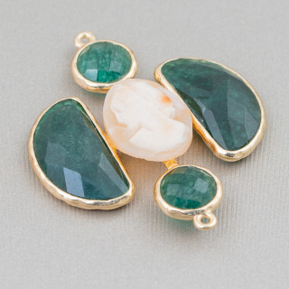 Brass Component Connector with Cross-Set Stones with Cameo and 2 Rings 36x43mm 1pc Green