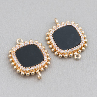 Verbindungsstück aus Messing mit Natursteinen, mit 2 Ringen und Zirkonen, quadratisch, 19 mm, 6 Stück, schwarz