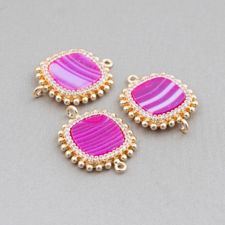 Connecteur de composants en laiton avec pierres naturelles avec 2 anneaux et zircons carrés de 19 mm 6pcs Agate rayée fuchsia