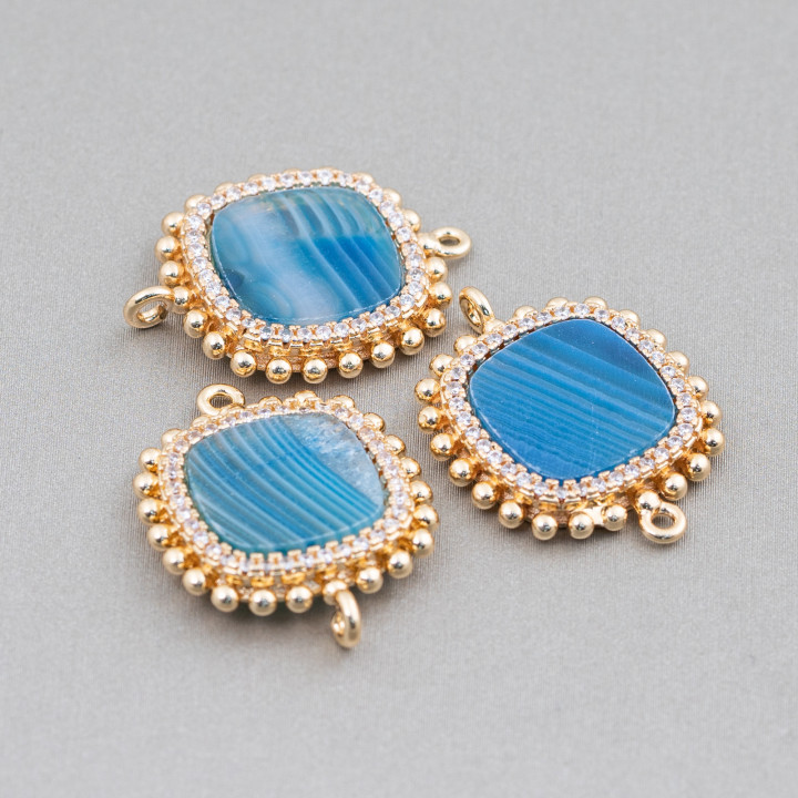 Connettore Componente Di Ottone Con Pietre Naturali Con 2 Anellini E Zirconi Quadrato 19mm 6pz Agata Striata Blu