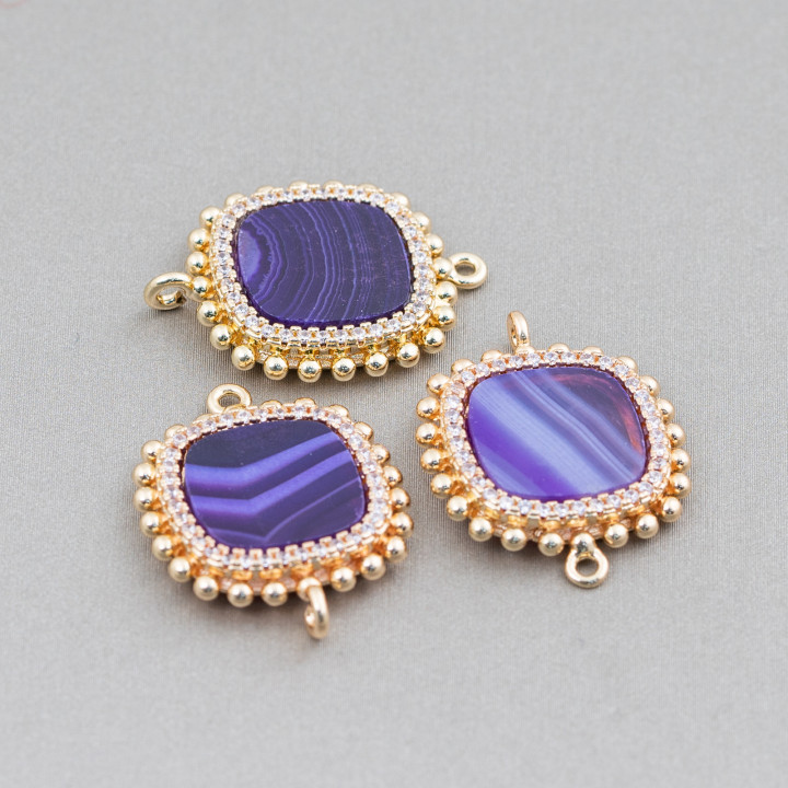 Connecteur de composants en laiton avec pierres naturelles avec 2 anneaux et zircons carrés de 19 mm 6pcs Agate rayée violette