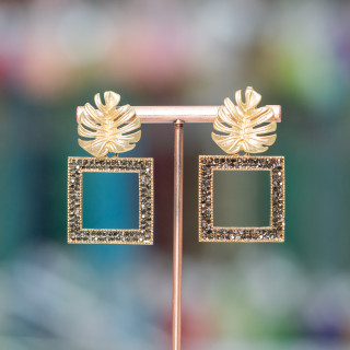 Bronze Stud Earrings With Marcasite Rhinestone Square Element 25x44mm