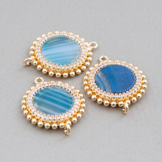Conector Componente Latón Con Piedras Naturales Con 2 Anillos Y Circonitas Redondas 20mm 6pcs Ágata Rayada Azul
