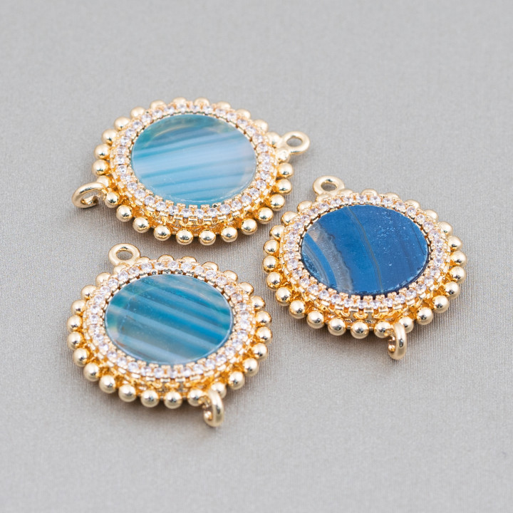 Verbindungsstück aus Messing mit Natursteinen, mit 2 Ringen und runden Zirkonen, 20 mm, 6 Stück, blau gestreifter Achat