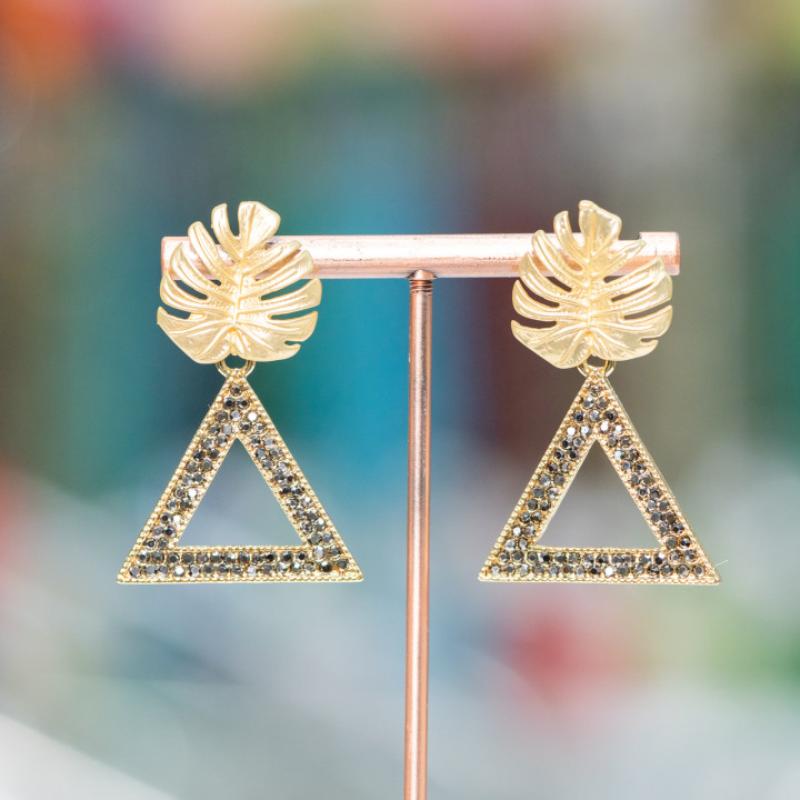 Boucles D'oreilles Tiges En Bronze Avec Élément Triangle Marcassite Strass 28x43mm