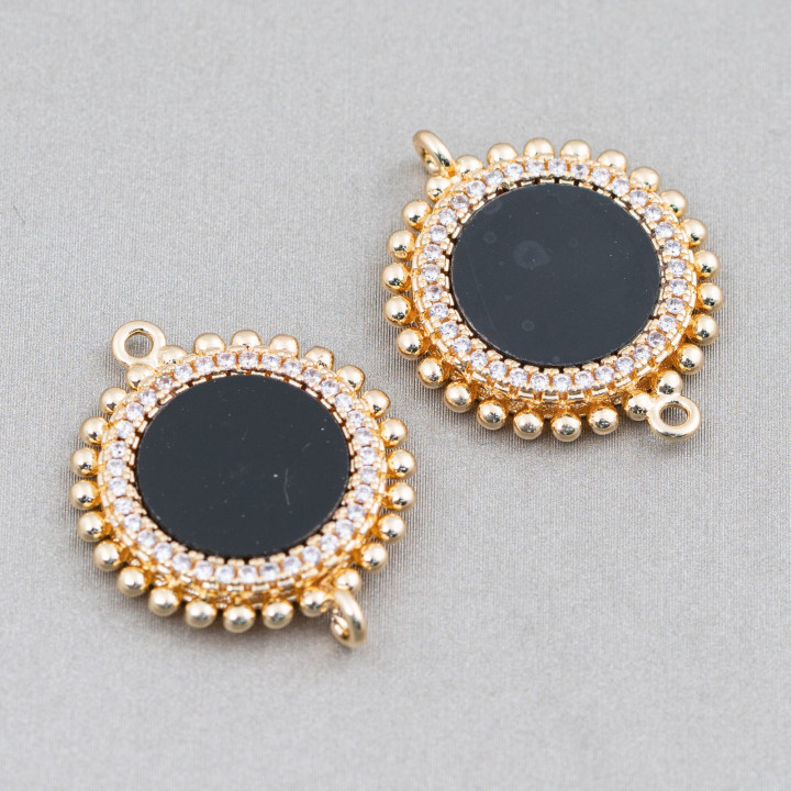 Conector Componente Latón Con Piedras Naturales Con 2 Anillos Y Circonitas Redondas 20mm 6pcs Onyx