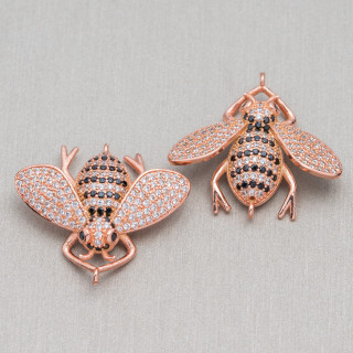 Connecteurs Bronze Abeilles Zircons Sertie De 2 Anneaux 30x28mm 4pcs Blanc + Noir Or Rose