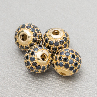 Distanziatore Di Argento 925 Palline Zirconate 10mm 4pz Dorato Nero