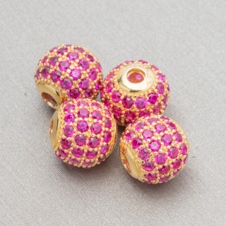 925 Silver Spacer Balls 10mm Golden With Ruby Zircons 4pcs Light