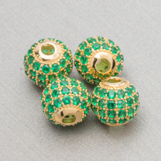 925 Silver Spacer Balls 10mm Golden With Emerald Zircons 4pcs Light