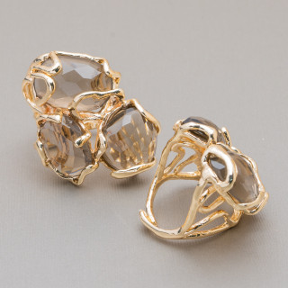 Anello Regolabile in Bronzo Dorato Collezione AURORA con Occhio Di Gatto Fume' | Gioiello Artigianale Donna 32x36mm