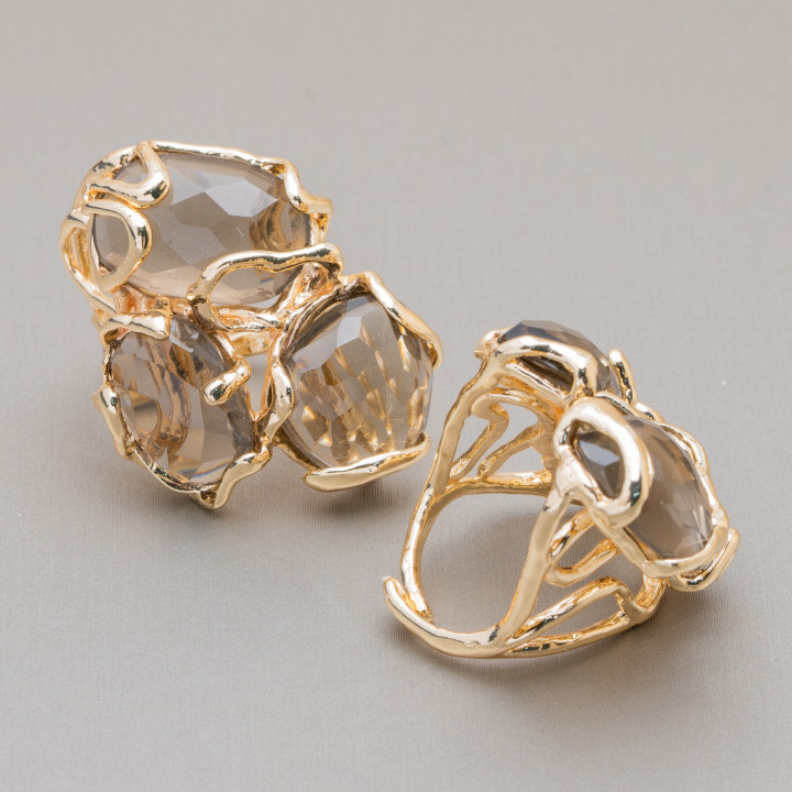 Anello Regolabile in Bronzo Dorato Collezione AURORA con Occhio Di Gatto Fume' | Gioiello Artigianale Donna 32x36mm