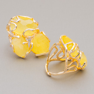 Anello Regolabile in Bronzo Dorato Collezione AURORA con Occhio Di Gatto Giallo Caldo | Gioiello Artigianale Donna 32x36mm