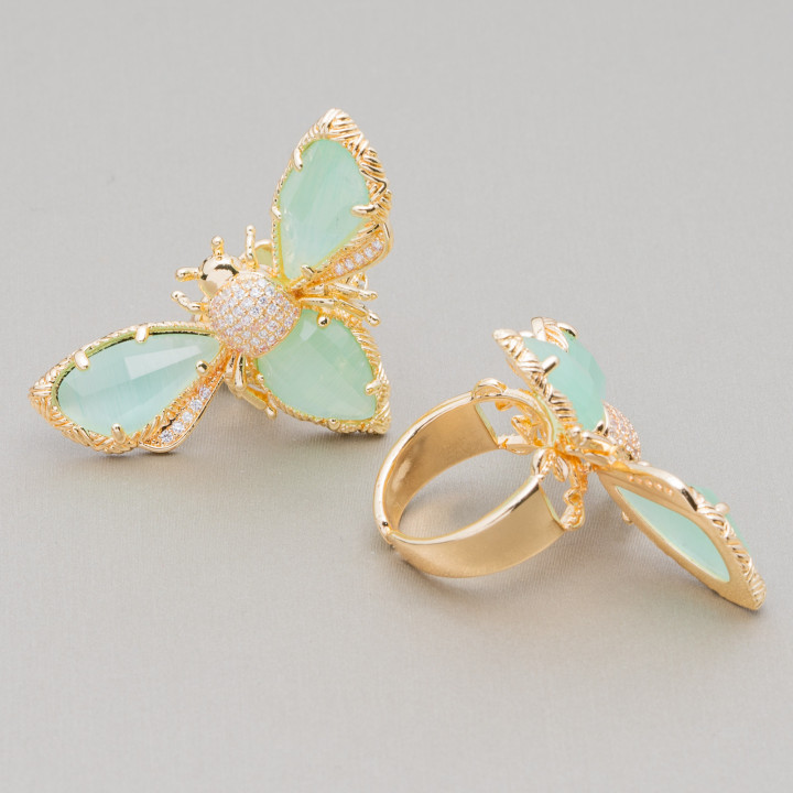 Anillo Bronce Con Abeja Ojo De Gato 31x45mm Tamaño Ajustable Dorado Verde Agua