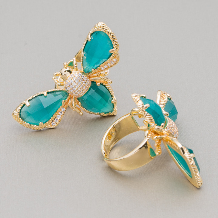 Bague Bronze Oeil De Chat Et Abeille 31x45mm Taille Ajustable Doré Vert Emeraude