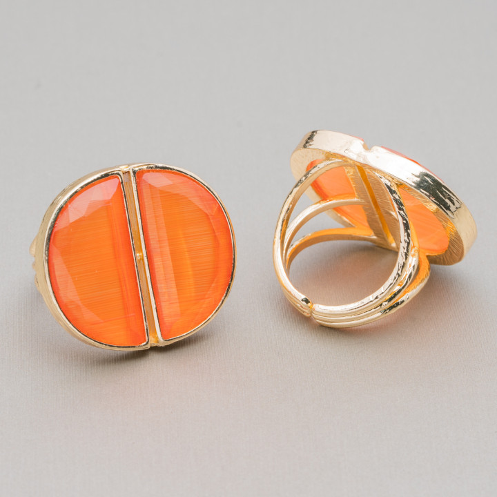 Anello Regolabile in Bronzo Dorato Collezione ELEN con Occhio Di Gatto Doppia Mezzaluna 25x28mm  Arancio | Gioiello Artigianale