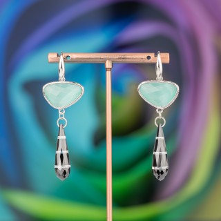 Hakenohrringe aus 925er Sterlingsilber mit Bronzekomponente mit Katzenaugen und tropfenförmigen Zirkonen 20x64mm Hellblau