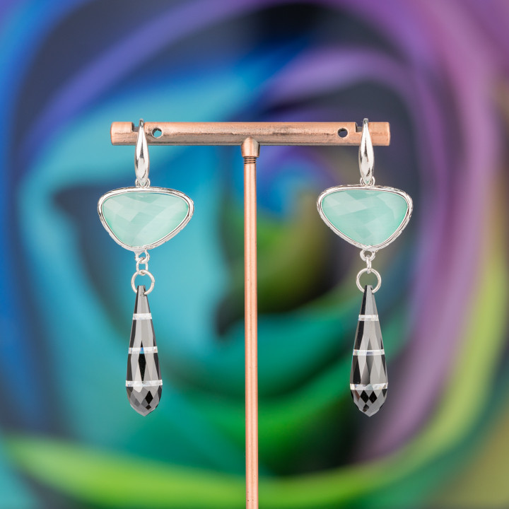 Pendientes De Gancho De Plata De Ley 925 Con Componente De Bronce Con Ojos De Gato Y Circonitas Lágrima 20x64mm Azul Claro