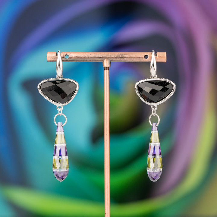 Hakenohrringe aus 925er Sterlingsilber mit Bronzekomponente mit Katzenaugen und Tropfenzirkonen 20x64mm MOD6