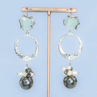 Boucles D'oreilles Crochet En Bronze Avec Sertie Oeil De Chat Et Pendentif De Pierres Et Perles